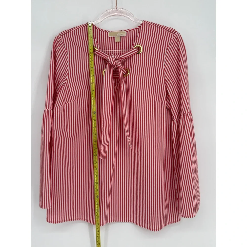 Michael Kors Red White Striped Grommet Tie‎ Front Bell Sleeve Blouse Womens Sz L